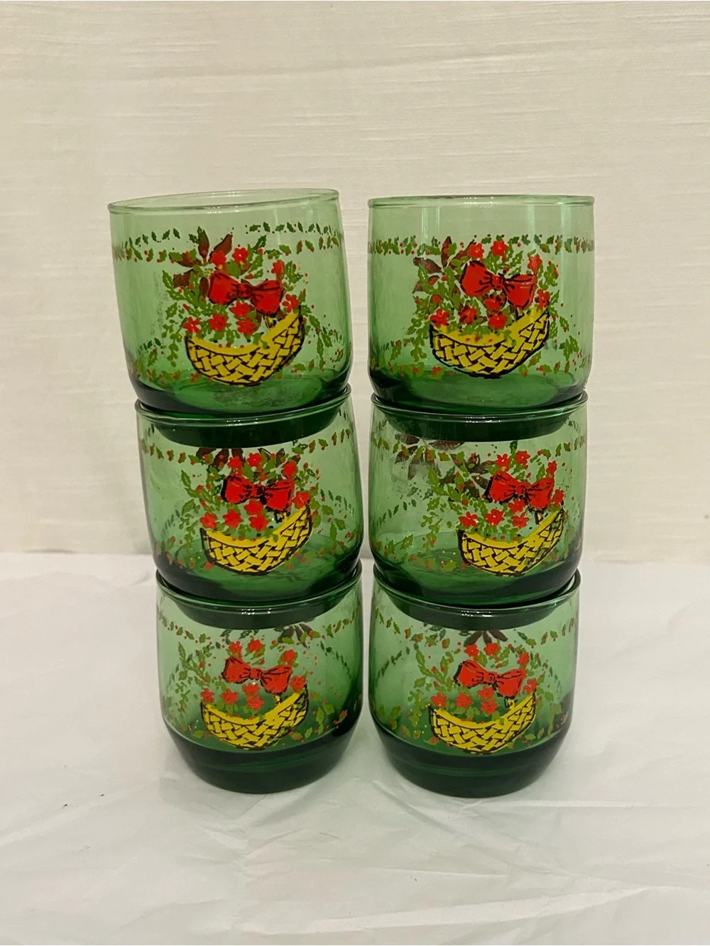 Vintage Green Glass Tumblers with Red Floral and Basket Motif - Set of‎ 6
